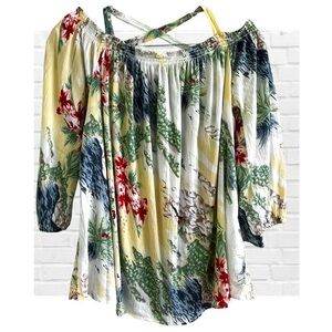 Chaps Denim Floral Off-Shoulder Women's Top Tropical Beach Coastal Size M Gauze